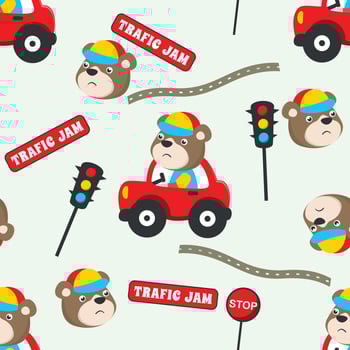 Seamless pattern of cute little animal driving a car go to forest funny animal cartoon,vector illustration. Vector illustration. T-Shirt Design for children. Design elements for kids.