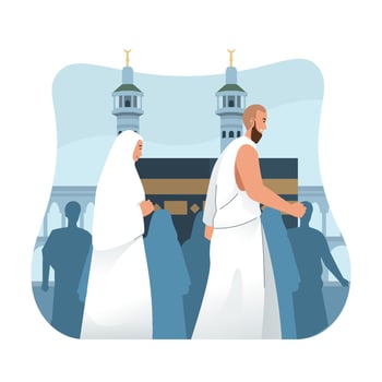 Hajj pilgrims perform tawaf. Hajj or Umrah with flat cartoon character illustration vector
