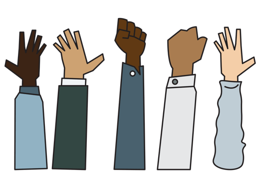 people raising hands that are different Ethnicity, gender, age and skin color png
