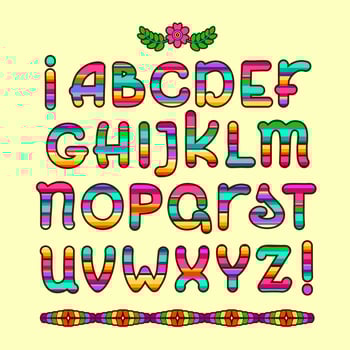Mexican ethnic colorful alphabet. Modern folk Otomi font. Vector letters.