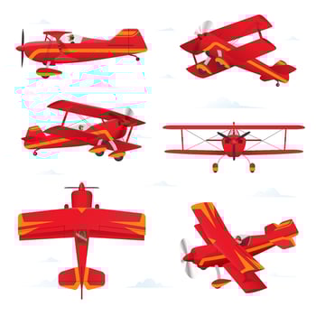 Aerobatic biplane aircraft in different views. Light aircraft illustration vector