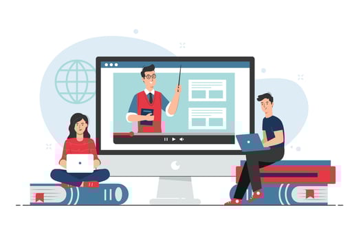 People studying with laptop. Online courses concept vector