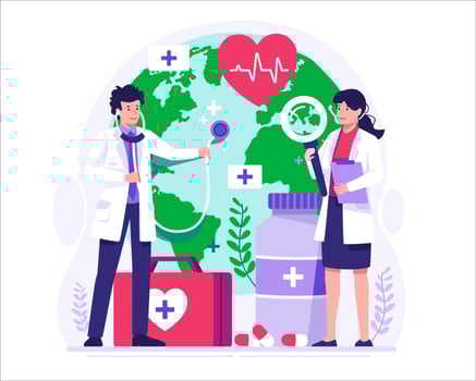 World Health Day. Doctors Check the Health of the World Globe with a Stethoscope. Our Planet, Our Health. Vector Illustration