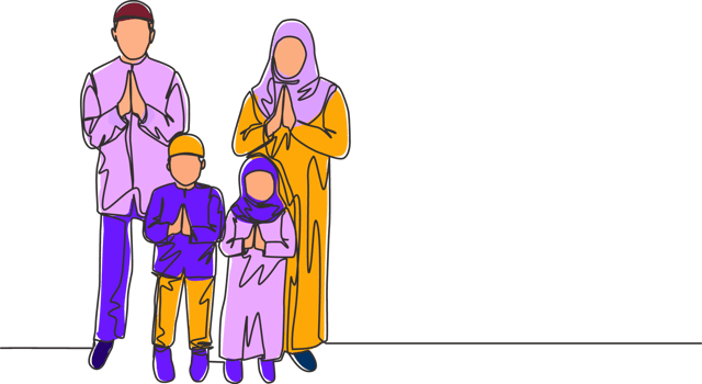 Ramadan Kareem greeting card, poster and banner design. One single line drawing of happy muslim Islamic family - father, mother, daughter and son. Eid Mubarak continuous line draw illustration png