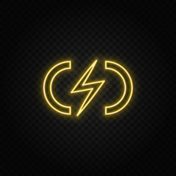 Yellow neon icon charge, flash. Transparent background. Yellow neon vector icon on dark background