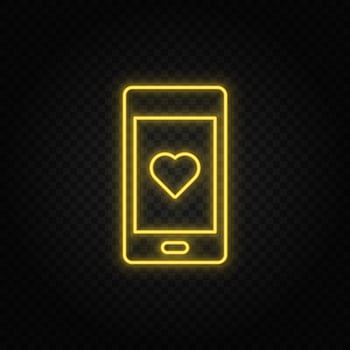 Yellow neon icon phone, love. Transparent background. Yellow neon vector icon on dark background