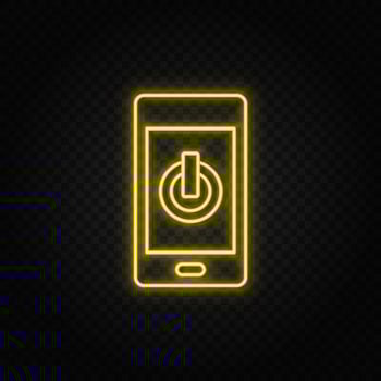 Yellow neon icon phone, power. Yellow neon vector icon on dark.