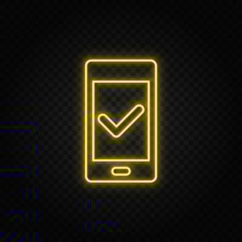 Yellow neon icon phone, check. Dark background. vector