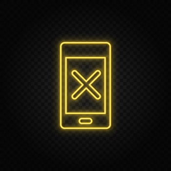Yellow neon icon phone, delete, remove. Transparent background. Yellow neon vector icon on dark background