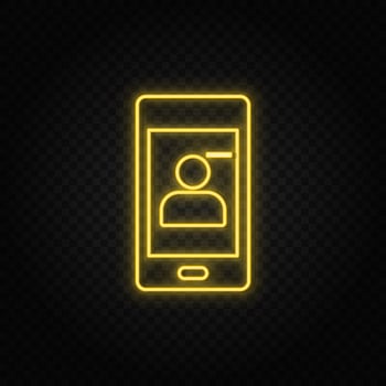 Yellow neon icon phone, contact, remove. Transparent background. Yellow neon vector icon on dark background