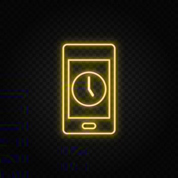 Yellow neon icon phone, clock, time. Transparent background. Yellow neon vector icon on dark background