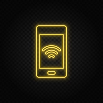 Yellow neon icon phone, signal. Transparent background. Yellow neon vector icon on dark background