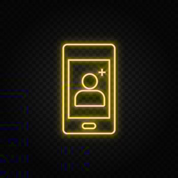 Yellow neon icon phone, add contact, new contact. Transparent background. Yellow neon vector icon on dark background