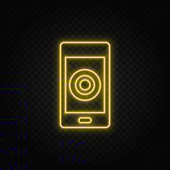 Yellow neon icon mobile, record. Transparent background. Yellow neon vector icon on dark background