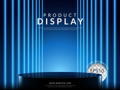 Close up empty black podium of product display in dark scene with line vertical blue neon light on background. Vector illustration