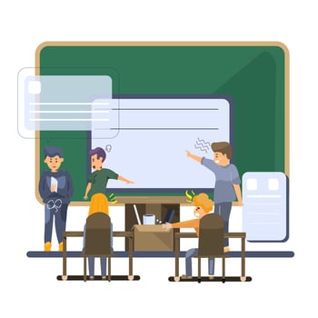 Teacher and students at the blackboard. Vector illustration in flat style