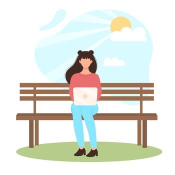 Young woman sitting on the bench and working with laptop. Freelance, working, studying, education, work from home, healthy lifestyle concept. vector