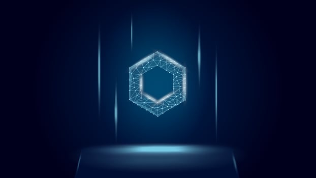 ChainLink LINK token symbol of the DeFi system above the pedestal. Cryptocurrency logo icon. Decentralized finance programs. Vector illustration for website or banner.