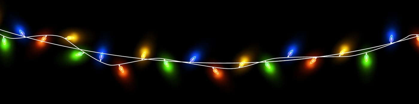 Christmas lights. Colorful Christmas garlands. Vector red, yellow, blue and green glow light bulbs on wires isolated.