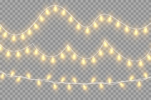 Christmas garland isolated. Glowing yellow light bulbs. vector
