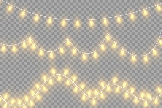 Golden or yellow ChristmChristmas garland isolated. Glowing yellow light bulbs. vector