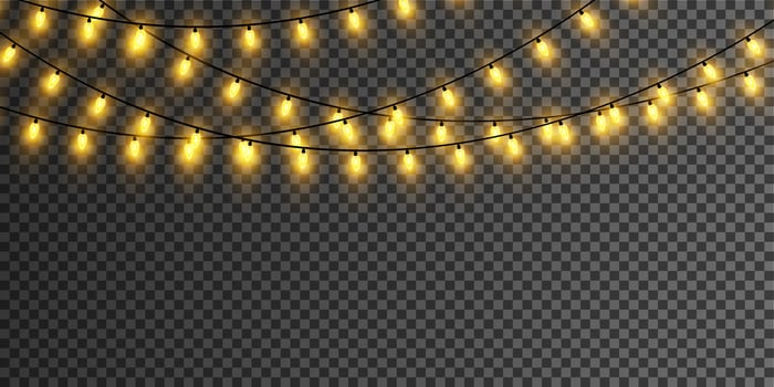 Christmas garland isolated. Glowing yellow light bulbs. vector