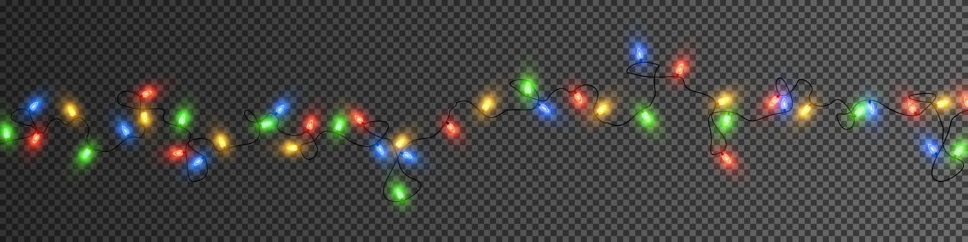 Christmas lights. Colorful Christmas garlands. Vector red, yellow, blue and green glow light bulbs on wires isolated.