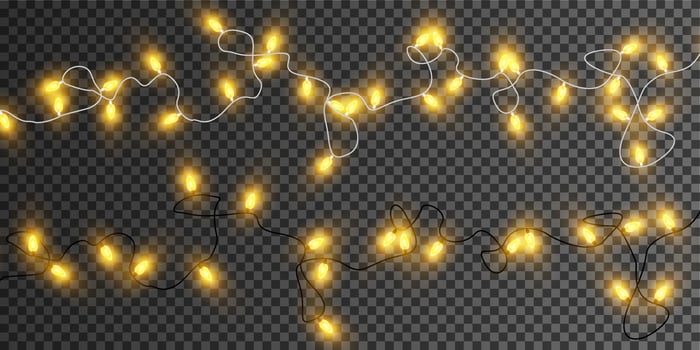 Christmas garland isolated. Glowing yellow light bulbs. vector