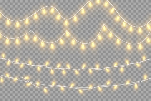 Christmas garland isolated. Glowing yellow light bulbs. vector