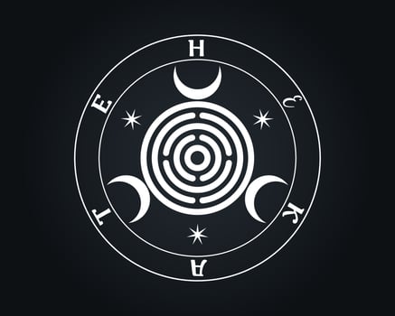 Sacred Geometry, the Mother Seal of Hekate aka Hecate Greek Goddess of Witchcraft Underworld Necromancy Crossroads Spiritual Greco Roman Witch Wicca Sigil, vector isolated on black background