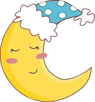 Sleeping moon in nightcap isolated on white background. Crescent in white polka dot blue hat vector illustration. Sweet dream symbol.