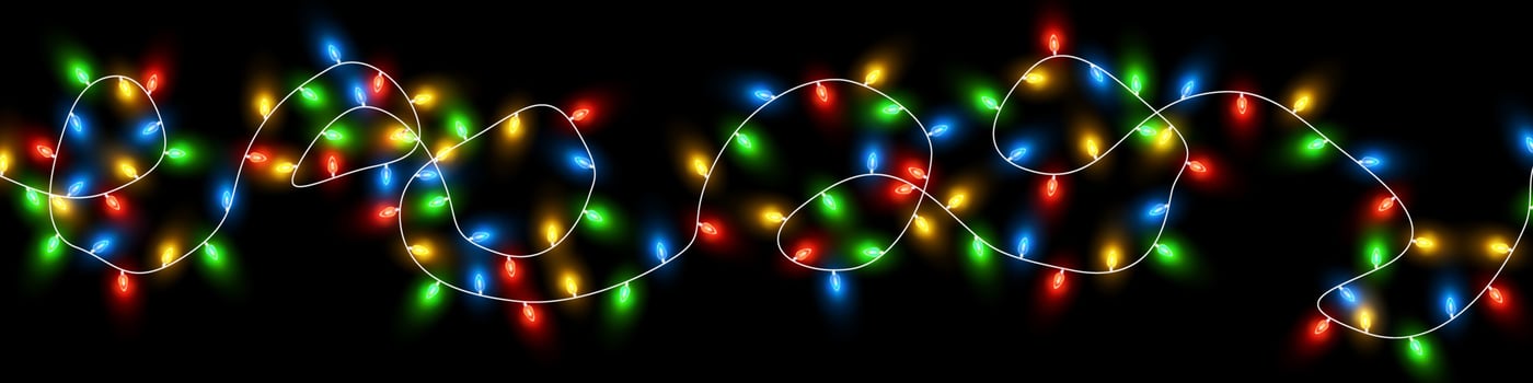 Christmas lights. Colorful Christmas garlands. Vector red, yellow, blue and green glow light bulbs on wires isolated.
