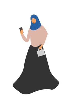 Muslim woman wearing ethnic costumes is walking with mobile phone, Muslim woman use mobile phone vector illustration.