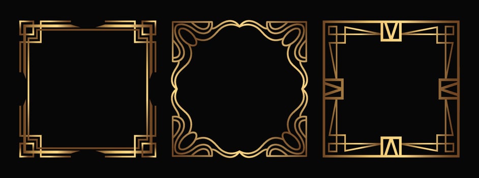 Art Deco vector square Social Media templates. Isolated linear fancy gold frames on black