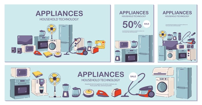 Household and kitchen appliances. Template for banners, flyers, landing pages, posters with electrical devices. Flat vector illustration