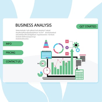 Business analysis landing page, chart and graphic. Vector of business infographic website, information statistic and calculator, optimization market illustration