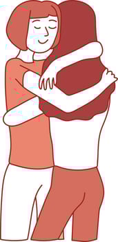 Two girls are hugging. Simple hand drawn line art symbolizes friendship, love and support. Pale orange colors. Isolated on white background vector