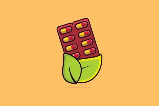 Capsule Pills Strip with Green Leaves vector illustration. Healthcare medicine icon concept. Herbal medicine pill capsule logo design. Pharmacy logo icon. Medicines pills packing tablets and leaves.