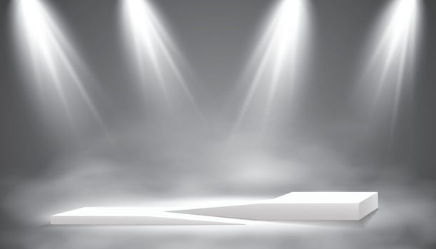 White rectangle plinth, pillar or display stage. Vector empty prize pedestal with blue projector light beams.