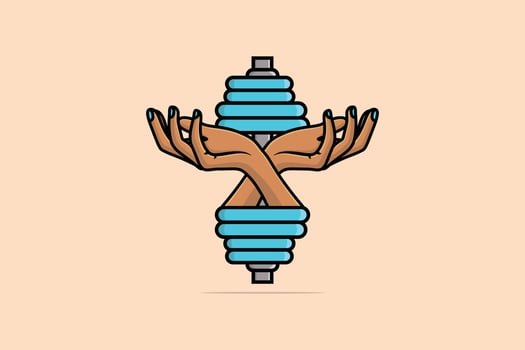 Hands with Metal Dumbbell vector illustration. Gym fitness icon design concept. Barbell and strong hand vector design. Weight lifting, train hard concept. Sports fitness life style.