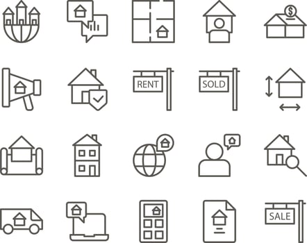house, property, sale set vector icons. Real estate icon set. Simple Set of Real Estate Related Vector Line Icons. Contains such Icons as Map, Plan, Bedrooms on white background