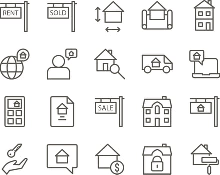 house, paint set vector icons. Real estate icon set. Simple Set of Real Estate Related Vector Line Icons. Contains such Icons as Map, Plan, Bedrooms on white background