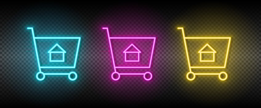 Real estate vector buy, cart, house, shopping. Illustration neon blue, yellow, red icon set