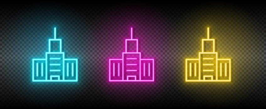 Real estate vector building, house. Illustration neon blue, yellow, red icon set