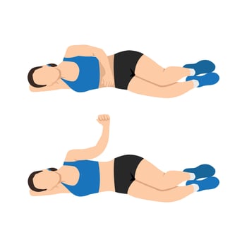 Woman doing laying external shoulder rotation. vector