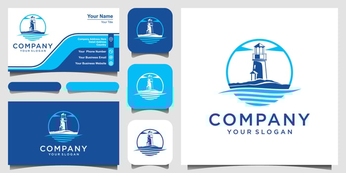 lighthouse icon with ocean waves and seagulls logo design. Vector illustration