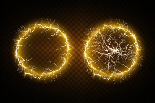 Golden Ball lightning. Abstract electric lightning strike. Light flash, thunder, spark. vector