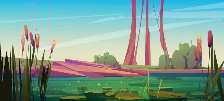Green swamp and reed near pond cartoon background vector