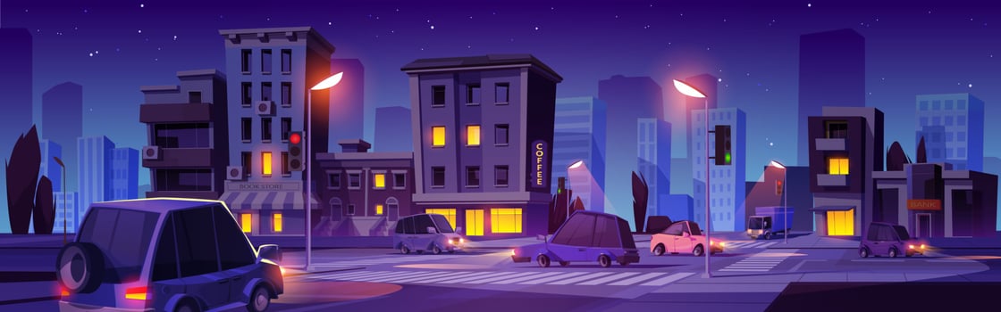 Night city crossroad scene with cars background vector