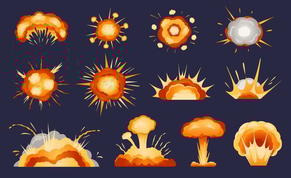Cartoon explosions. Atomic mushroom cloud, bomb explosion effect, fire blast smoke, dynamite detonation. Explosive burst, comic boom effects vector set